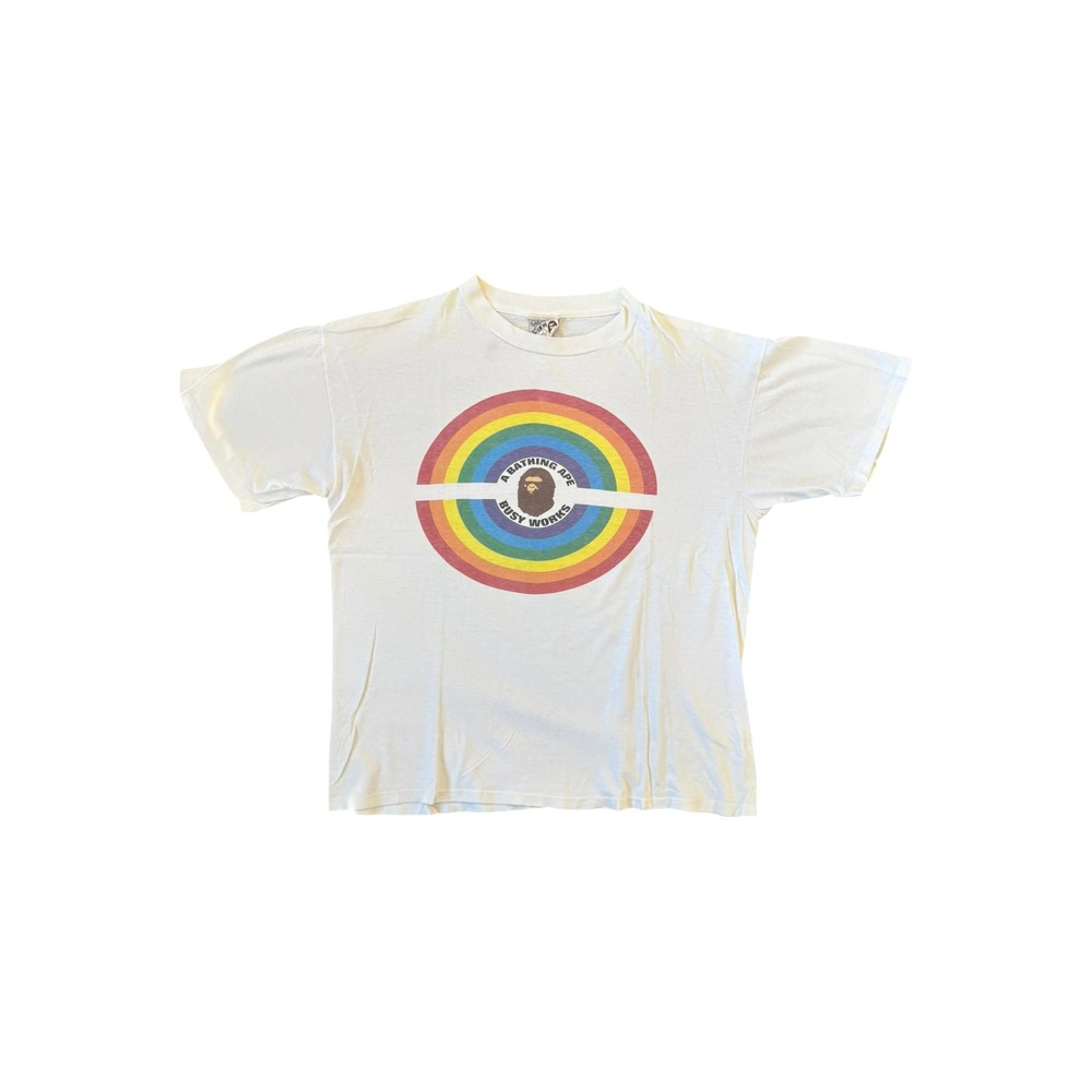 A Bathing Ape T-Shirt Mens Large White Good 90s Rainbow Circle Oneita Busy Works